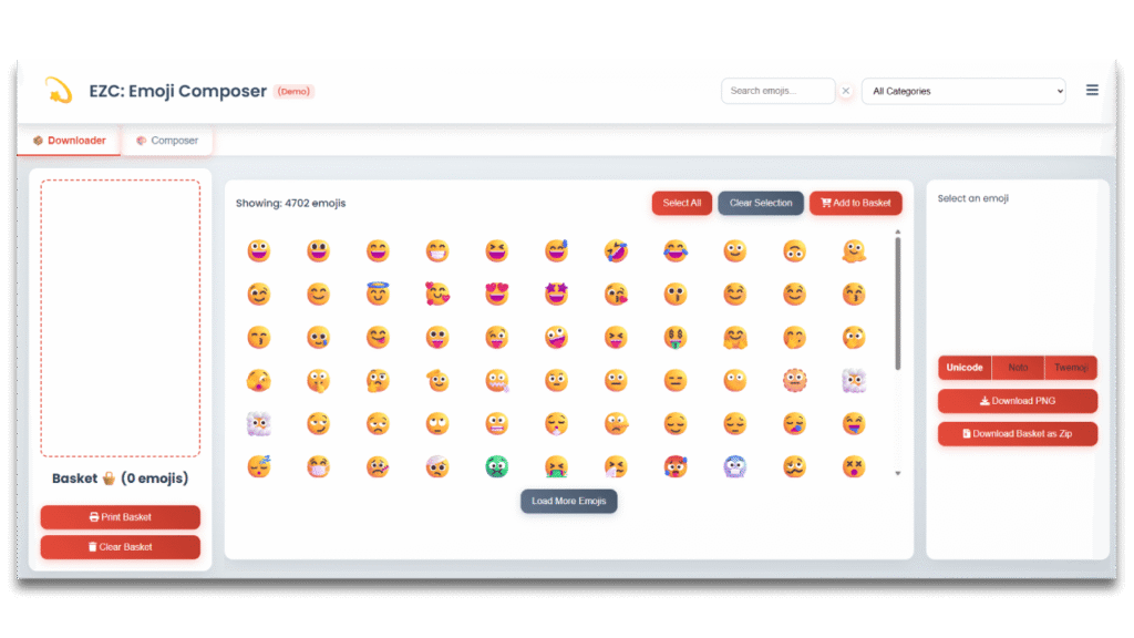 EZC emoji layout and printing tool interface preview