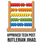 Colourful wooden abacus emoji representing pre-digital tech with caption: “Approved tech post–Butlerian Jihad.”