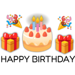 Happy Birthday emoji composition with cake, presents, and party poppers.