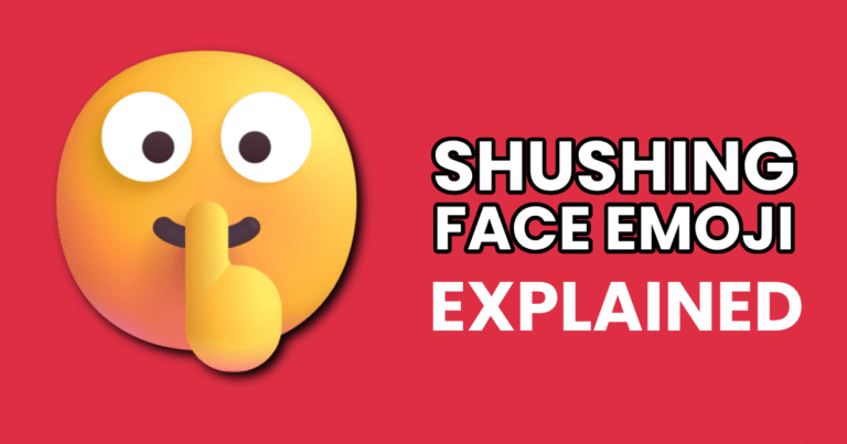 Illustration of the Shushing Face emoji with bold text reading 'Shushing Face Emoji Explained' on a red background