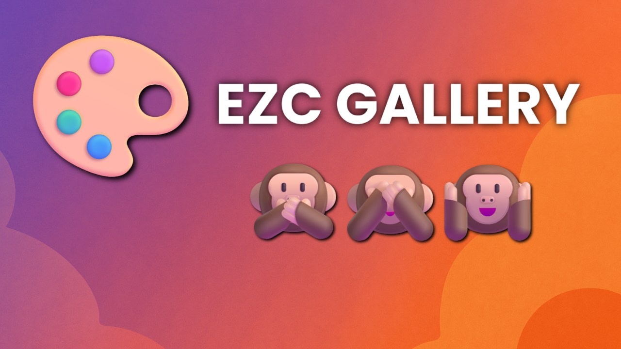 EZC Gallery banner featuring a paint palette icon and three expressive monkey emojis against a vibrant orange and purple gradient background