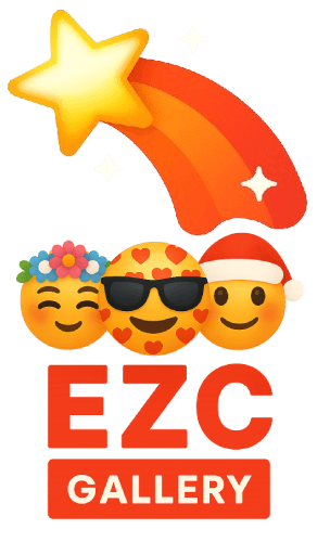 Shooting star above three cheerful emojis with bold red EZC Gallery text promoting the Emoji Composition Gallery